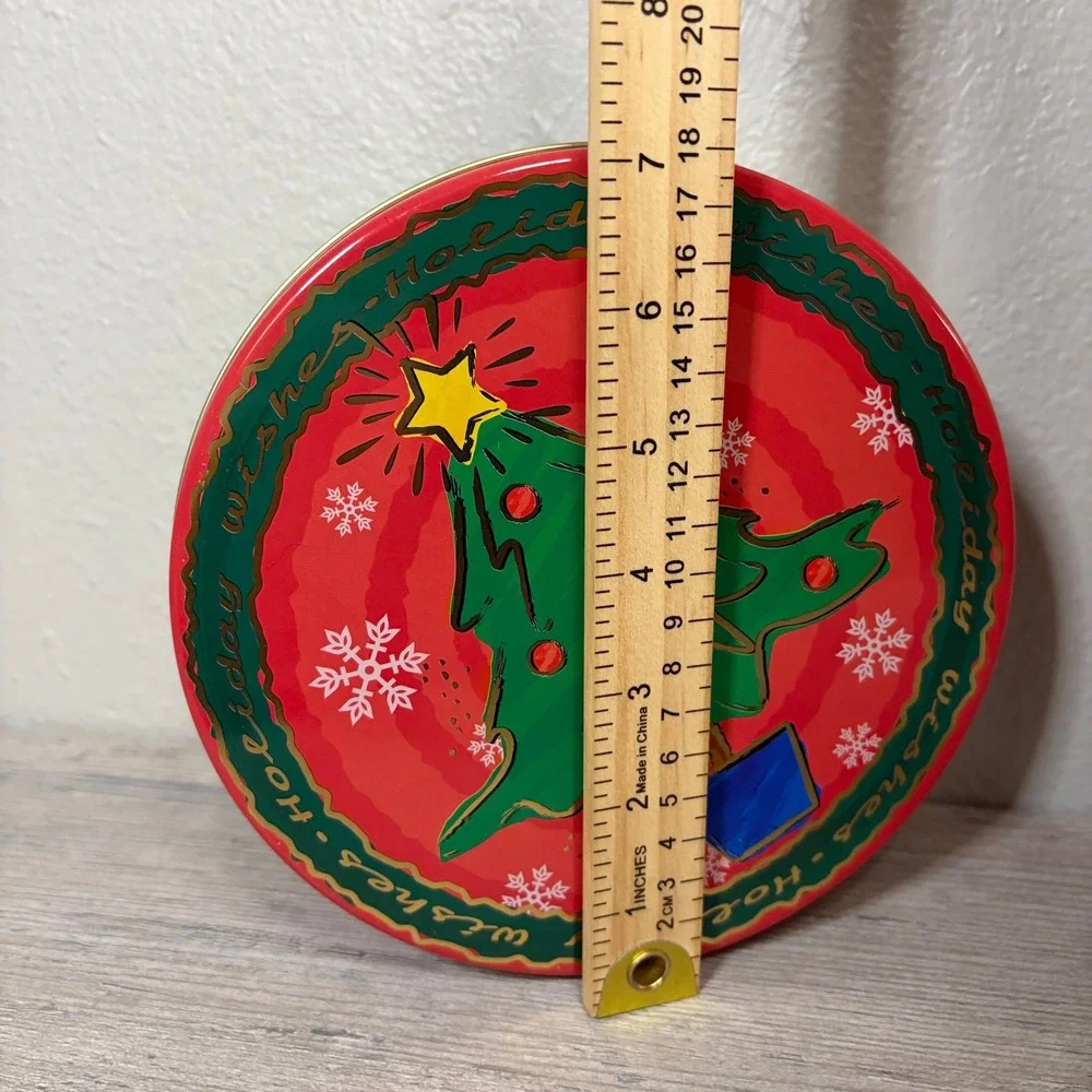 Tin Box Co Holiday Wishes Christmas Tree Cookie Tin Red Round Metal Storage 7